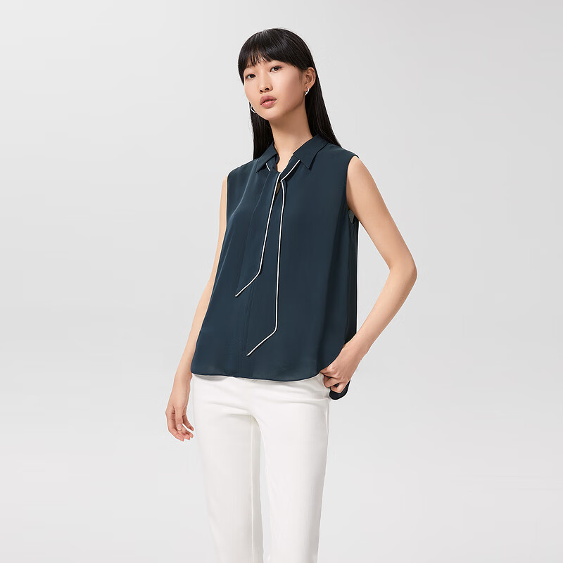 OVV【重磅真丝】OVV2022春夏新款女装19MM双乔飘带无袖衬衫 藏青02 S