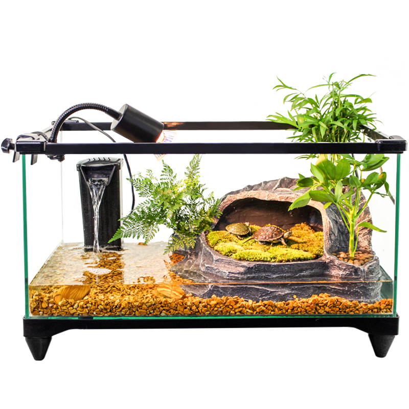 爬將軍 烏龜缸特大號(hào) 玻璃造景曬臺(tái)草龜大型養(yǎng)龜箱盆別墅家用生態(tài)龜缸 50cm缸【餐三】雙流水曬臺(tái)13件套