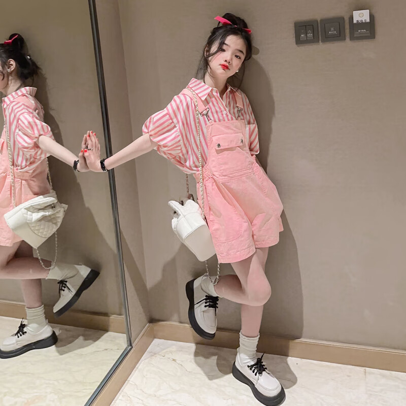 创京懿选女大童套装13-15岁大女童初中生夏初中生女生衬衫背带裤套装