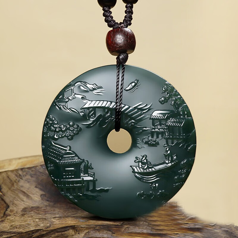 迎淇轩精雕和田玉塔青青玉细料山水牌小桥流水平安扣吊坠挂件玉佩