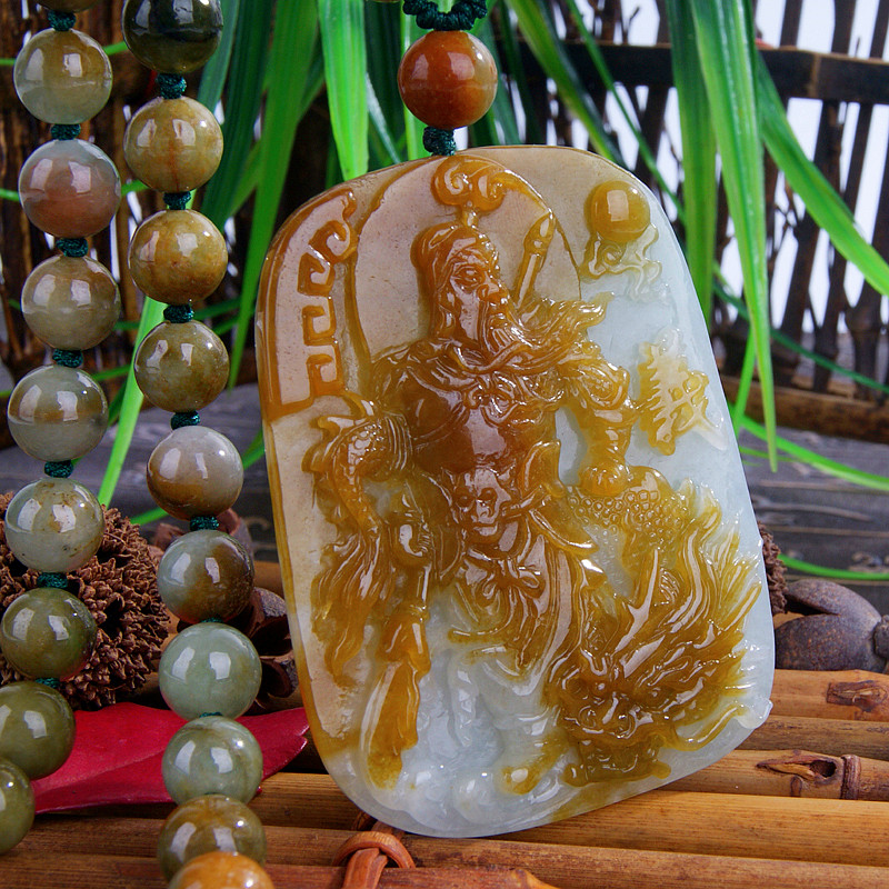 雅丝翡翠a货关公吊坠 武财神玉牌黄翡关羽挂坠关二爷