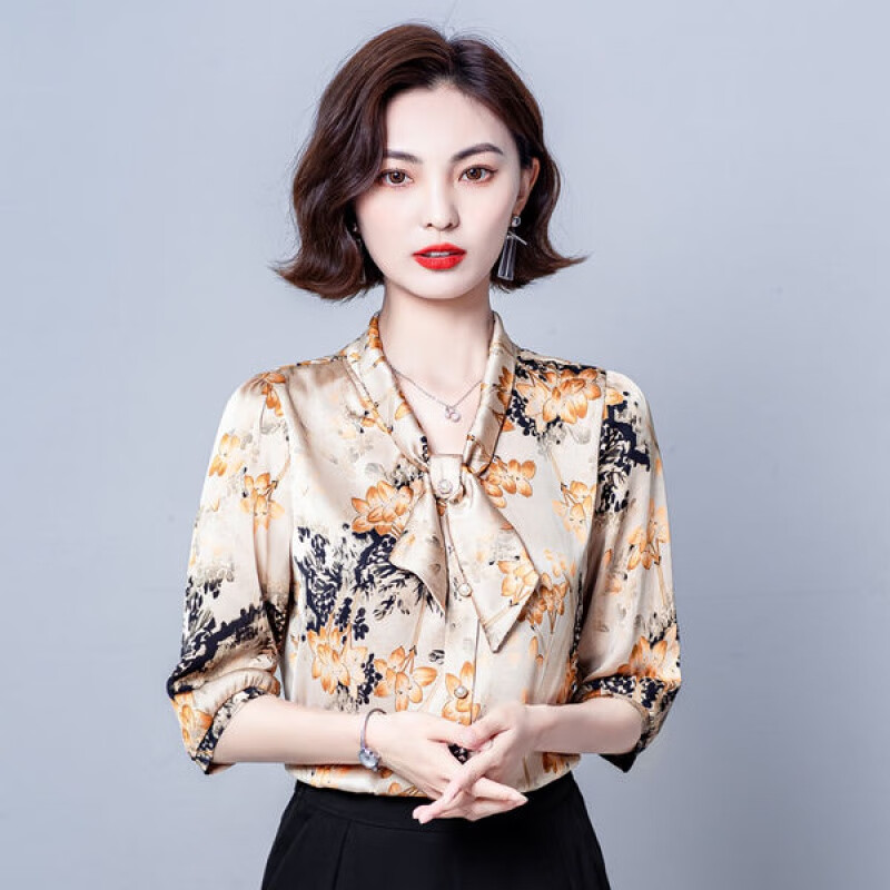 恒源祥杭州抗皱真丝衬衫女七分袖高端丝绸宽松遮肚小衫印花女夏季女士