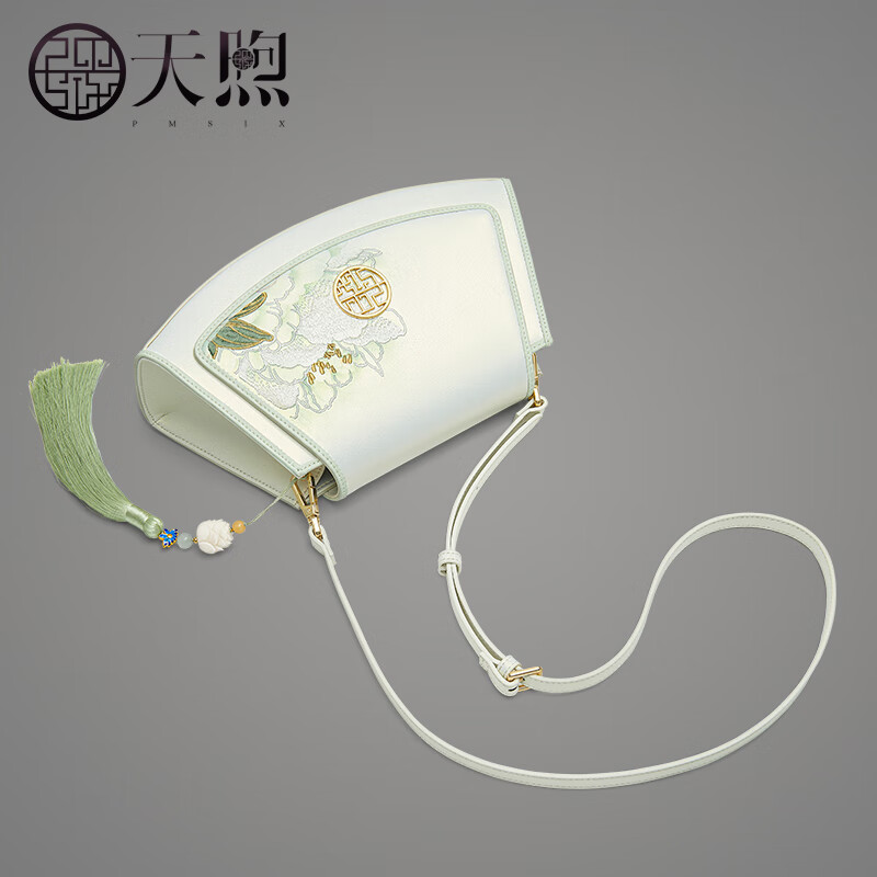 PmSix复古中国风绣花女包生日礼物送妈妈包牛皮女包中年女士单肩斜挎包 珠光白-刺绣-礼盒装