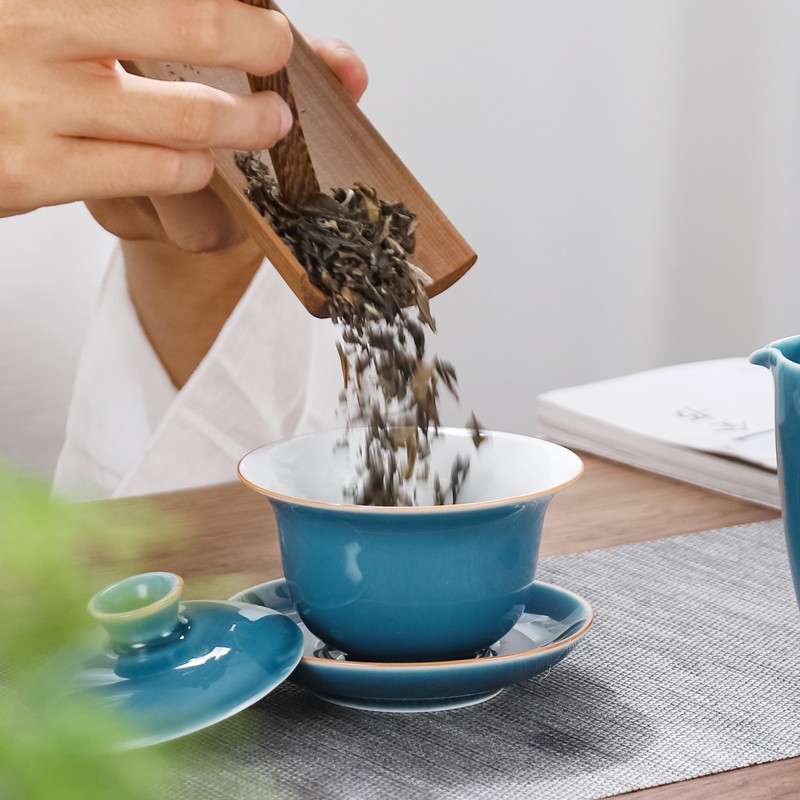 苏客 茶具套装陶瓷家用简约办公室茶壶茶杯盖碗茶碗泡茶功夫茶具礼盒装 盖碗套装(霁蓝)