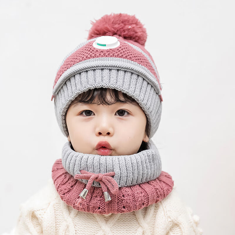 儿童帽子秋冬季男童女童加绒加厚帽子围脖两件套宝宝一体帽保暖潮 升级款深粉色 2岁-6岁