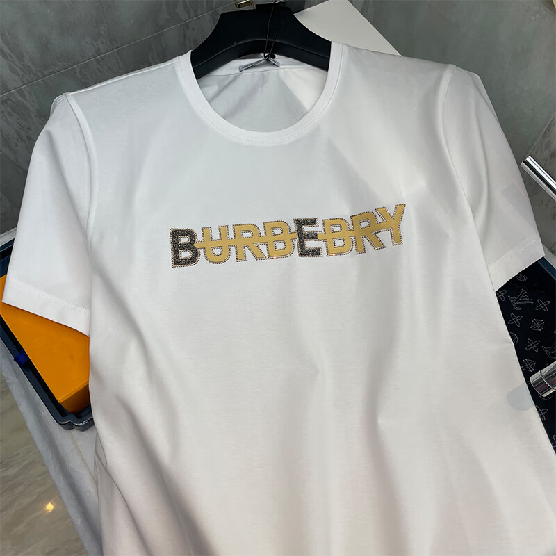 旗新款短袖t恤男欧货字母烫钻半截袖芭寶莉巴布瑞简约修身圆领男装