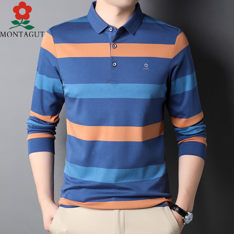 梦特娇秋季新款商务棉长袖t恤杉中年薄 77110蓝色专柜同款 165/84a