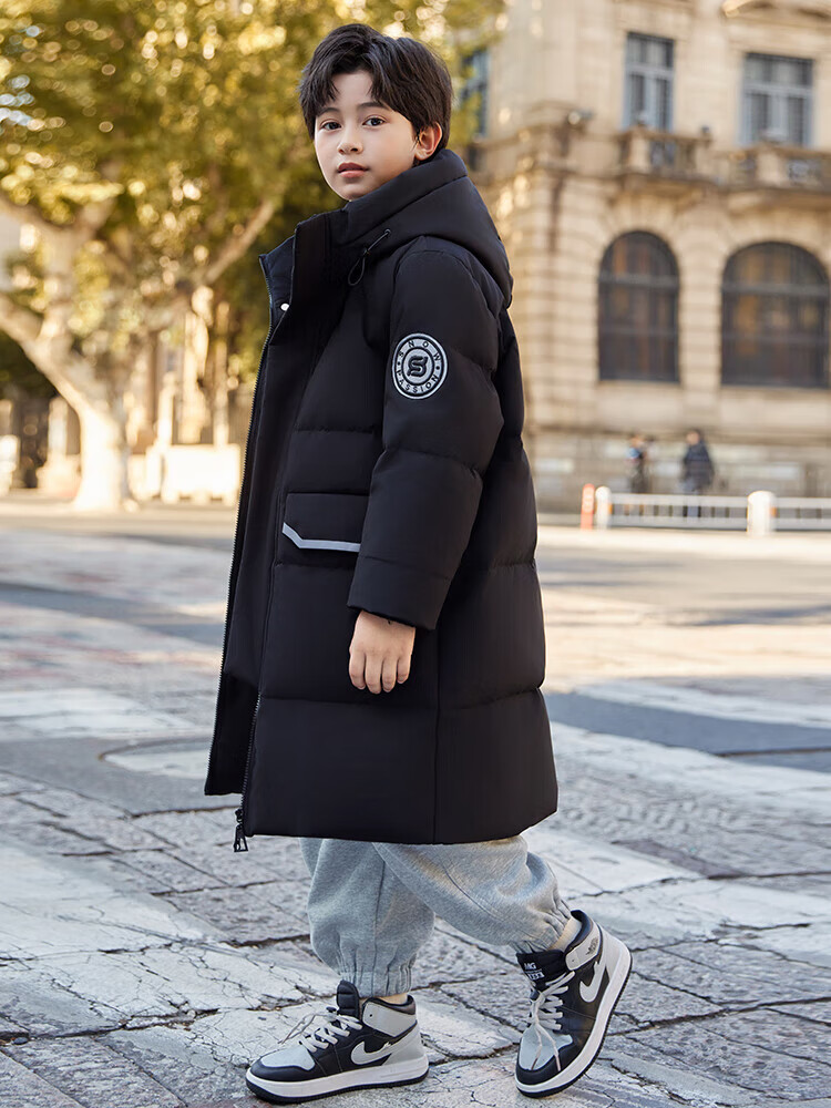 ABC KAIA儿童羽绒服女童2025新款男童中长款冬季加厚保暖童装中大童外套潮 黑色（男童） 160 建议90-105斤