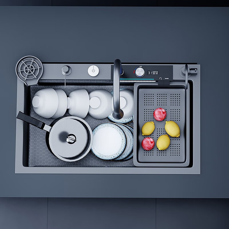 MJONI德国家用厨房水槽洗菜盆不锈钢304抗菌蜂窝耐磨多功能加厚大单槽 蜂窝按钮数显飞雨带灯槽 75*45*22