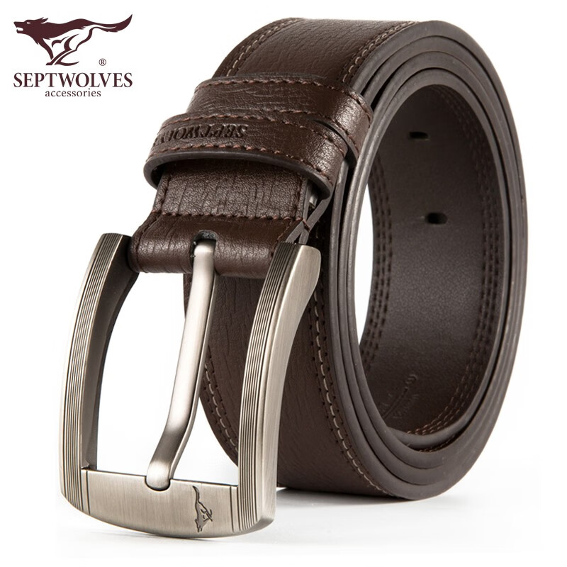 七匹狼皮带男士休闲真牛皮牛仔裤腰带 牛皮针扣男士皮带 啡色宽3.9CM