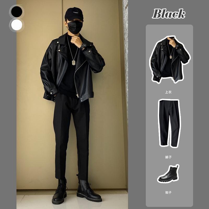 搭配马丁靴裤子男士皮衣三件套斜拉链夹克宽松潮流胖子机车服外套2022