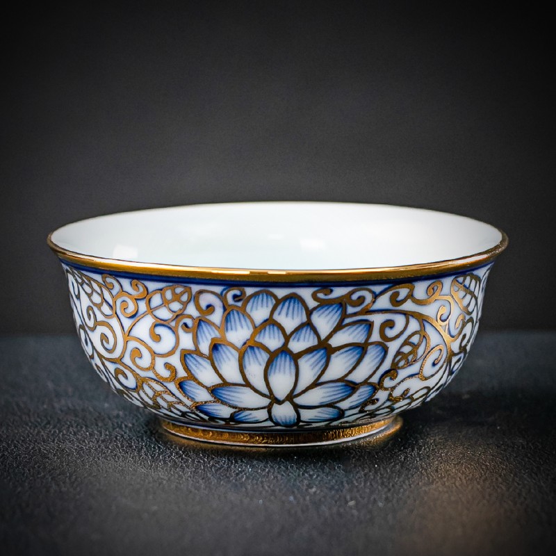 唐迹手绘缠枝莲主人杯青花瓷描金描银单杯陶瓷品茗杯功夫茶杯子 青花