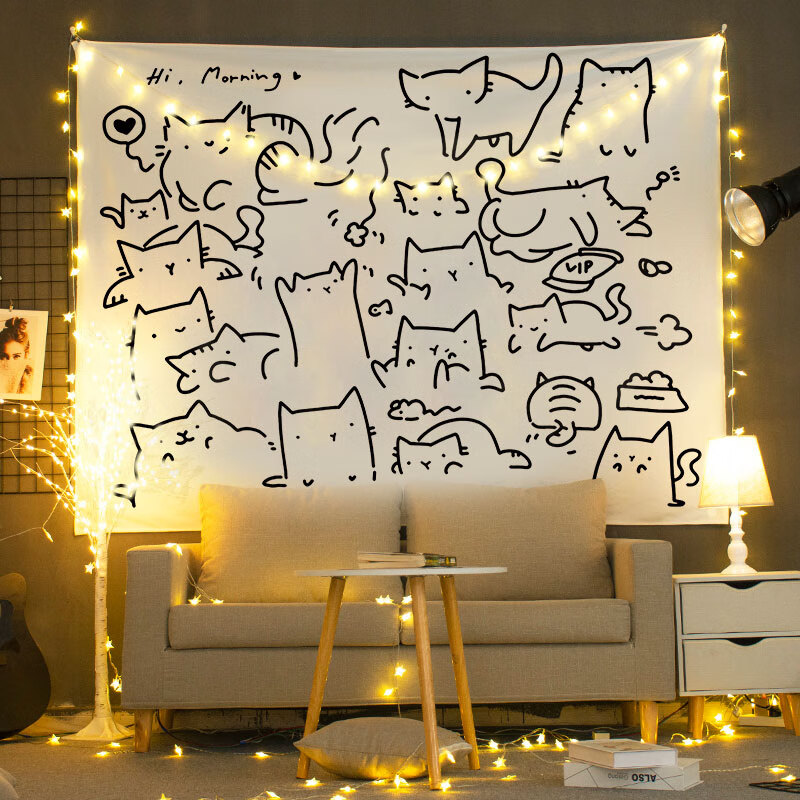 布ins挂布卡通挂毯儿童卧室布置宿舍出租屋改造可爱床头装饰 点点猫猫