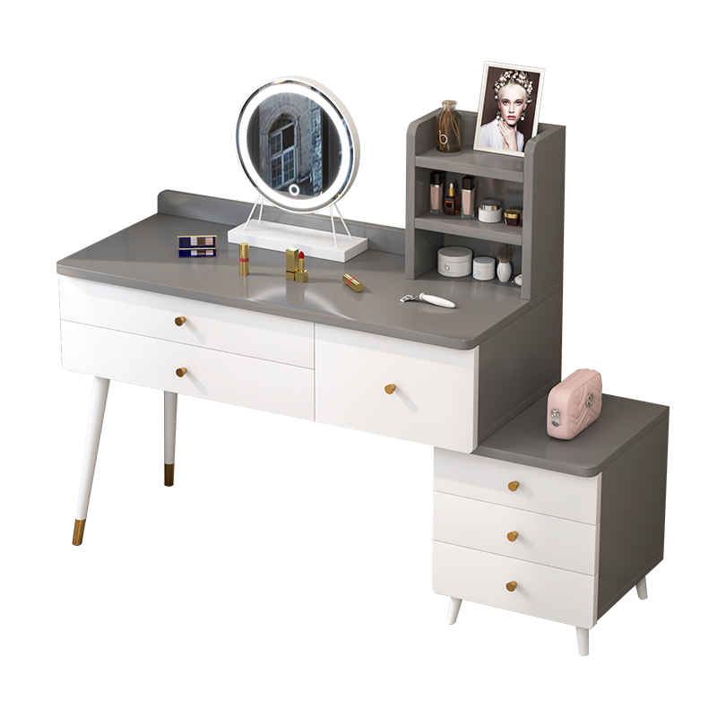 木匠印记简约梳妆台带灯多功能梳妆桌北欧轻奢化妆桌台一体小户型化妆桌 简易款浅灰色白抽80cm