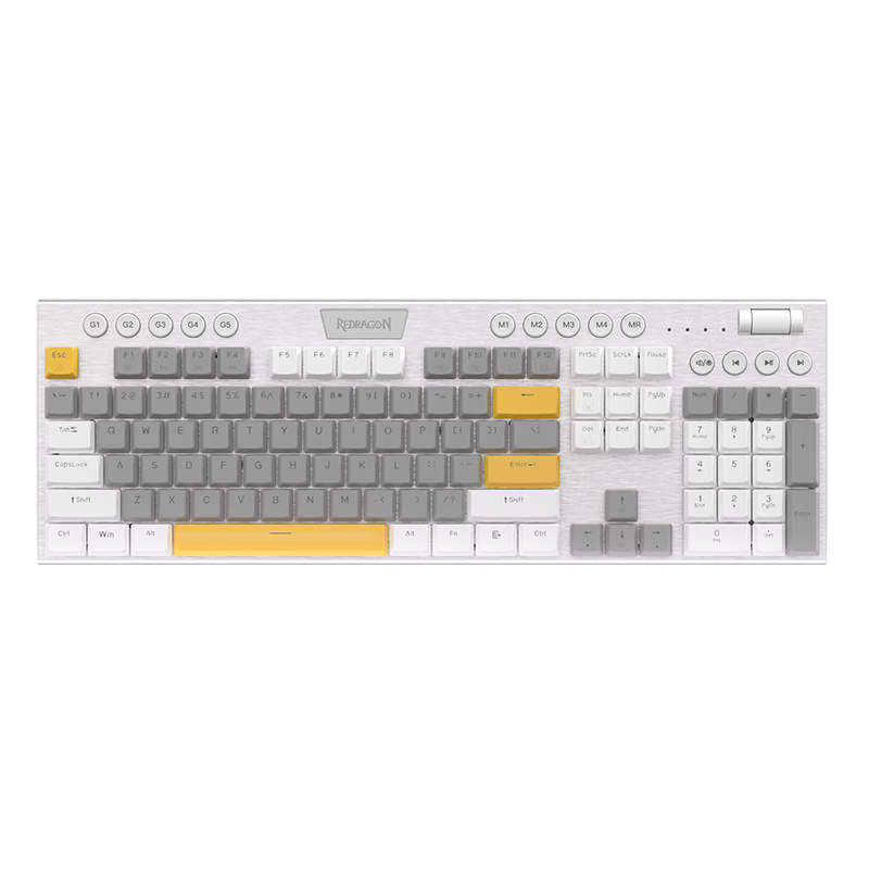 紅龍(REDRAGON)K619/K622有線矮軸機械鍵盤 超薄合金拉絲面板熱插拔宏編輯RGB燈效 電競游戲筆記本臺式辦公 K619灰白黃【紅軸】