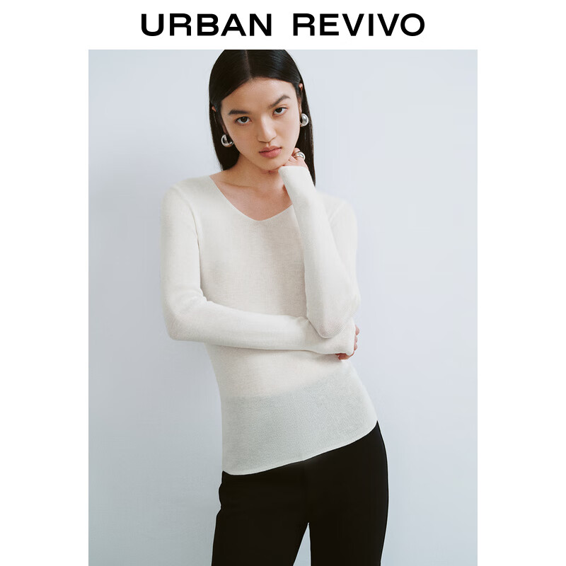 UR秋季新款女装简约基础百搭休闲修身V领针织衫UWB940008 象牙白 M