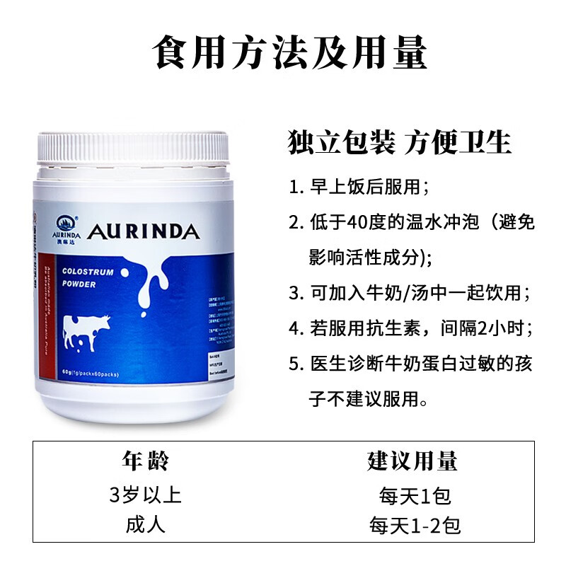 Aurinda AURINDA澳琳达澳洲进口纯牛初乳免疫球蛋白增强免疫力儿童成人及中老年人 2罐季度装【立省60元】 60袋*2罐