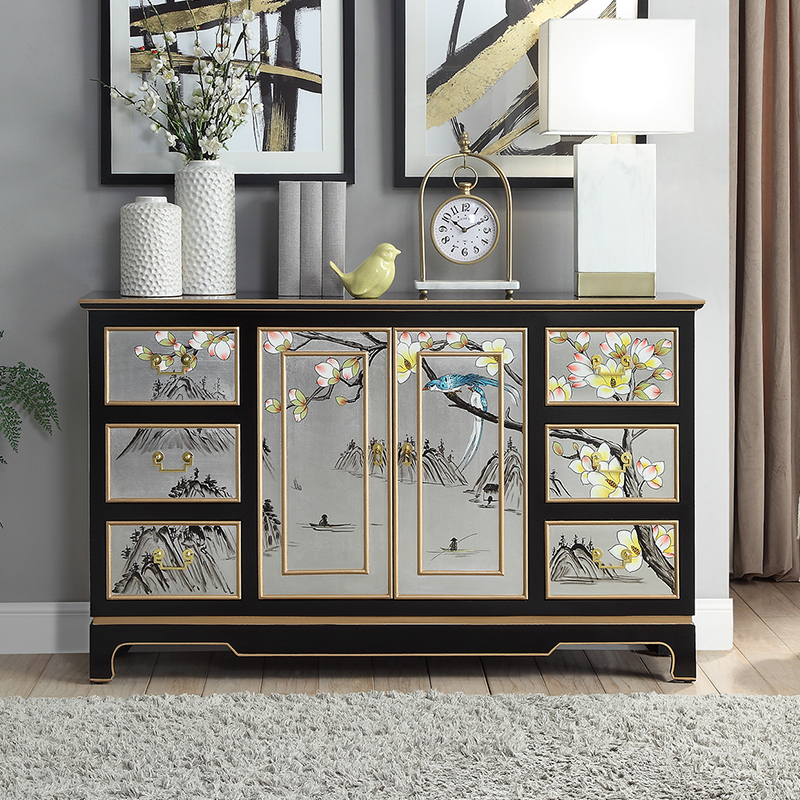 玄关柜钢琴烤漆手绘客厅隔断柜新古典银箔屏风柜门厅柜 pu亮光款式一