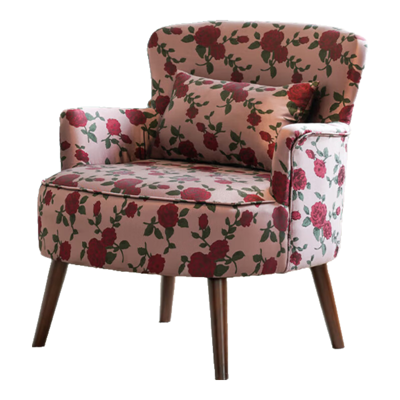 牧席客廳單人沙發(fā)椅陽臺座椅復(fù)古單椅臥室小沙發(fā)休閑迷你布藝靠背椅子 15號-復(fù)古玫瑰【透氣棉麻】 單人位+腳凳