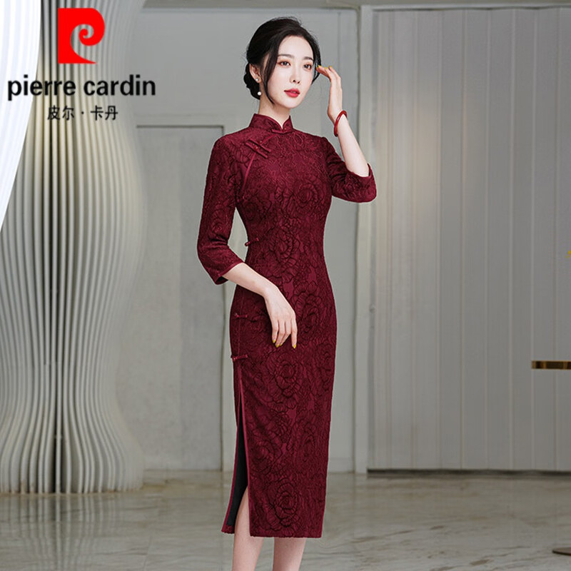 皮尔卡丹（pierre cardin）酒红色旗袍2023年春秋新款中袖妈l妈装礼服复古修身气质中长款针 TZY708 L怎么看?