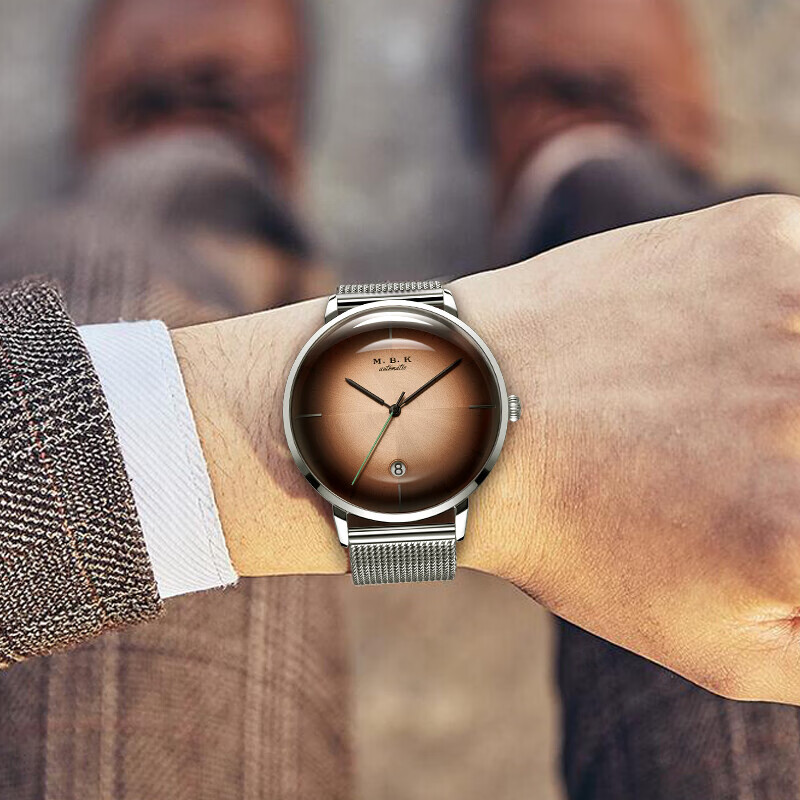 M.B.K美国品牌进口手表男士全自动机械男表3D镜面商务休闲防水男士腕表 钢壳咖面钢网带【进口机芯】
