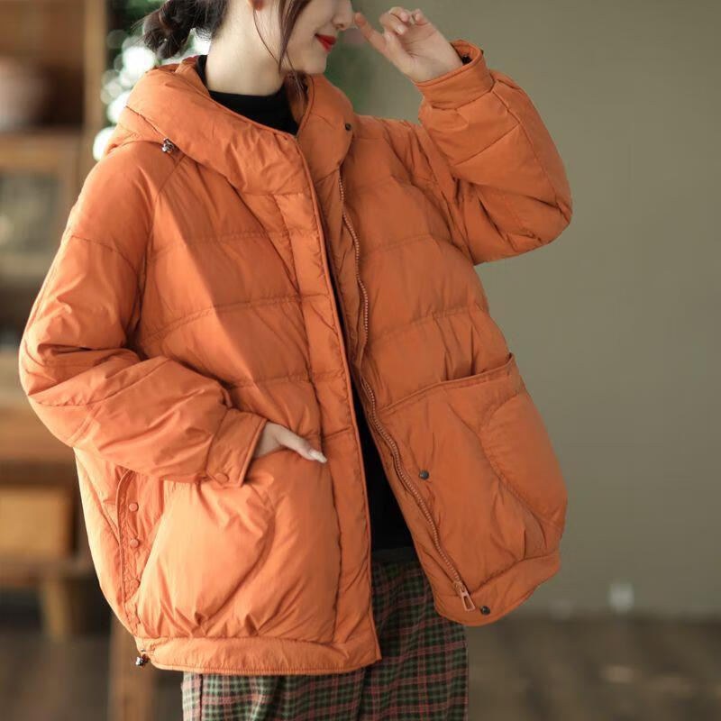 阿究究200斤自制大码秋季韩版连帽大口袋加厚外套女宽松保暖休闲棉服 南瓜橘 6XL 【建议195-230斤】高品质