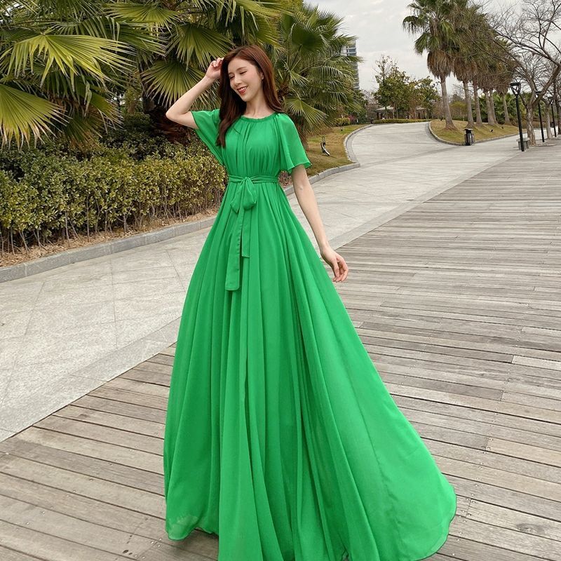 雅遮肉蝙蝠袖大码女装雪纺沙滩裙大摆裙子长裙夏连衣裙女新款潮 绿色