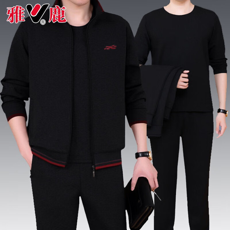 雅鹿【两件套】【外套+裤子】 2020秋季新款韩版时尚运动休闲卫衣套装 999黑色 XL