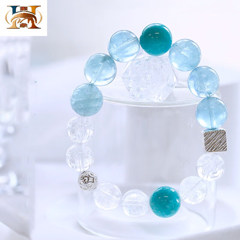 灏象天然秘鲁莫桑比克天河石海蓝宝单圈女款手链手串 海蓝宝天河石手 天河石手串