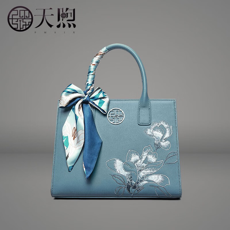 天煦女包刺绣手提包牛皮大包中年婆婆包单肩旗袍包送丈母娘礼物妈妈包 蓝绿色-送礼品袋