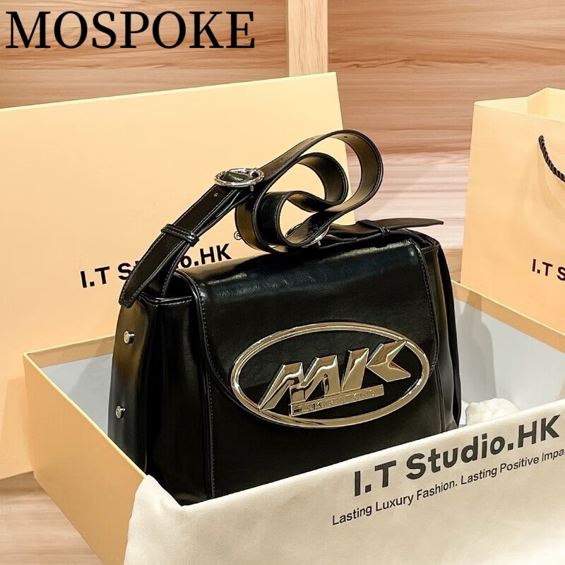 mospoke轻奢香港女士邮差包女2023新款潮流休闲流行百搭单肩斜挎 黑色