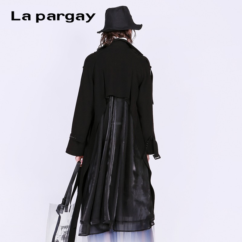lapargay纳帕佳秋季新款女装外套中长款网纱拼接设计感风衣外套女