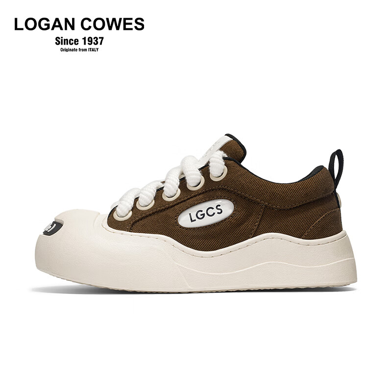 LOGAN COWES开口笑帆布鞋 增高厚底丑萌黑白圆头板鞋大头鞋 男女同款2GCS-01 棕色（女款） 38