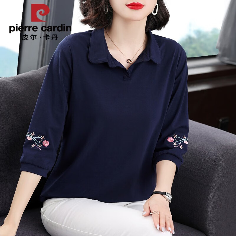 皮爾卡丹媽媽七分袖純棉t恤女2025春秋裝新款中老年polo衫中袖上衣打底衫 藏青色 4XL (建議145-160斤)