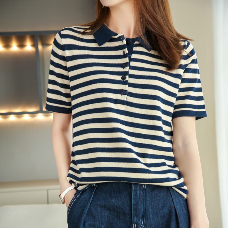 圣罗地奥横条纹t恤女棉短袖翻领t恤女夏季新款高端polo衫条纹针织打底