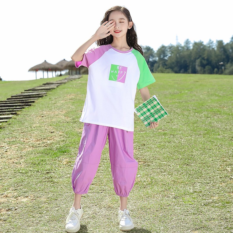 新款3-15岁中大儿童网红小皱菊运动裤两件套小女孩百搭休闲夏天衣服