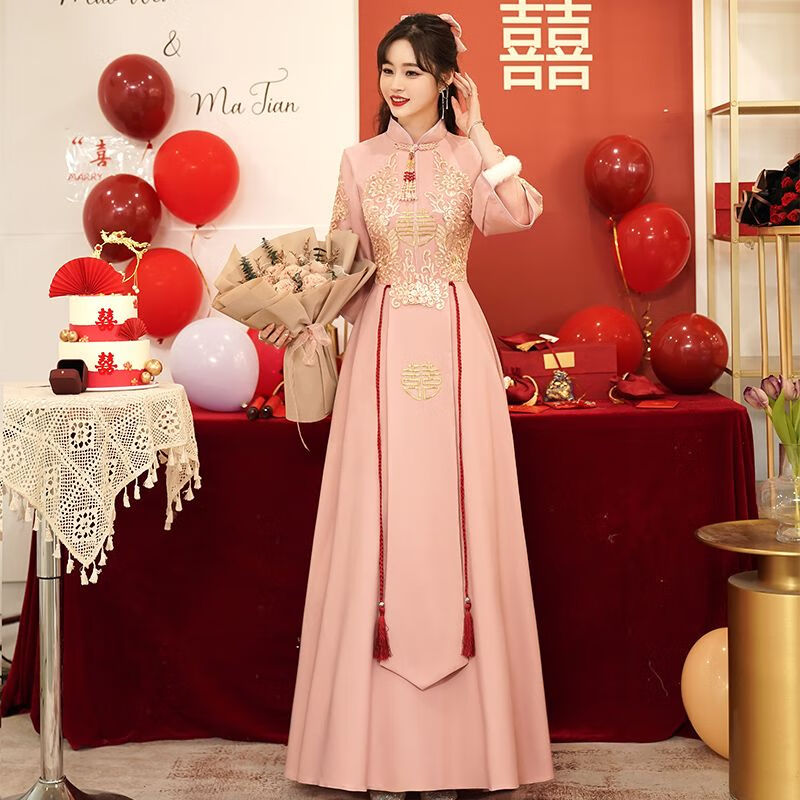 绮岑伴娘服秋冬款粉色中式冬季姐妹团中国风旗袍裙订婚礼服裙女长袖加