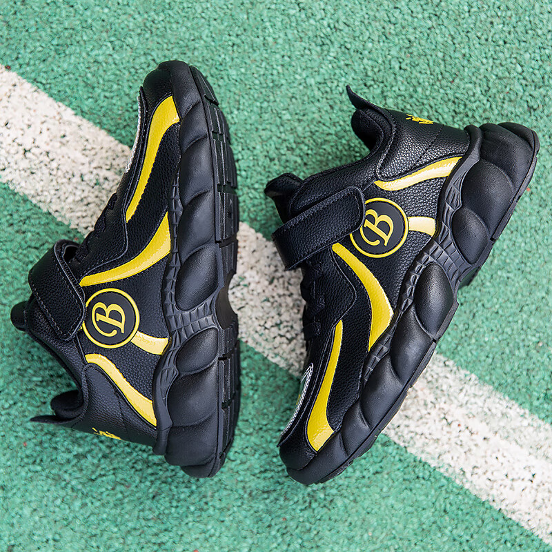贝天熊童鞋秋冬款男女童休闲鞋学生中大童轻便耐磨运动鞋 BT19016黑黄【革面】 29码 内长18.4/脚17.4