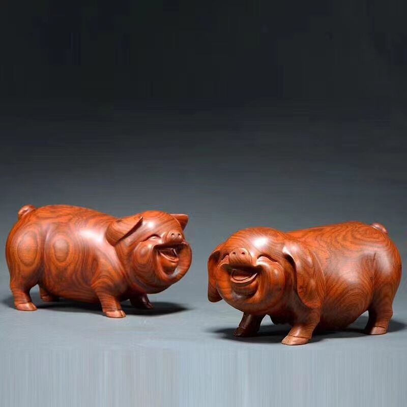 福猪摆件实木十二生肖家居客厅红木工艺品 花梨木福猪30分一对价格