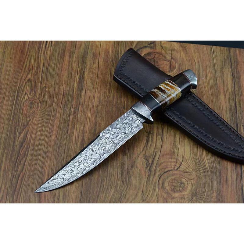 雨轩户外 直刀马塞克大马士革钢刀户外小刀猛犸牙化石黑檀木手柄送礼