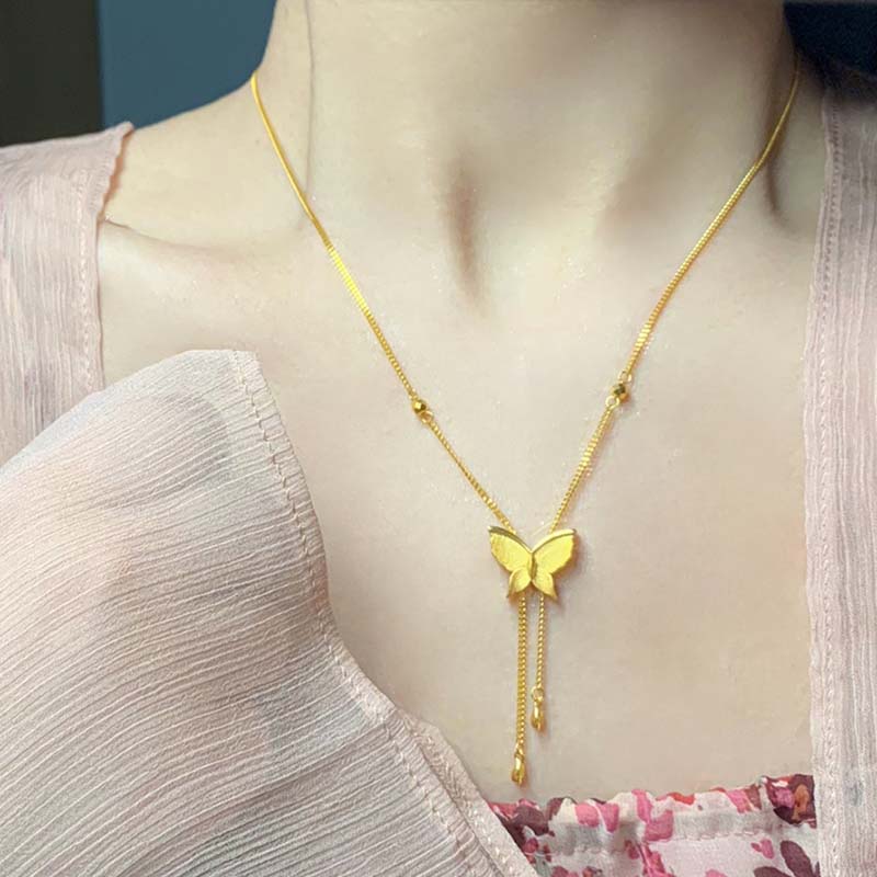 lpez老凤凰黄金蝴蝶流苏项链女士情人节999足金在逃公主吊坠锁骨链女