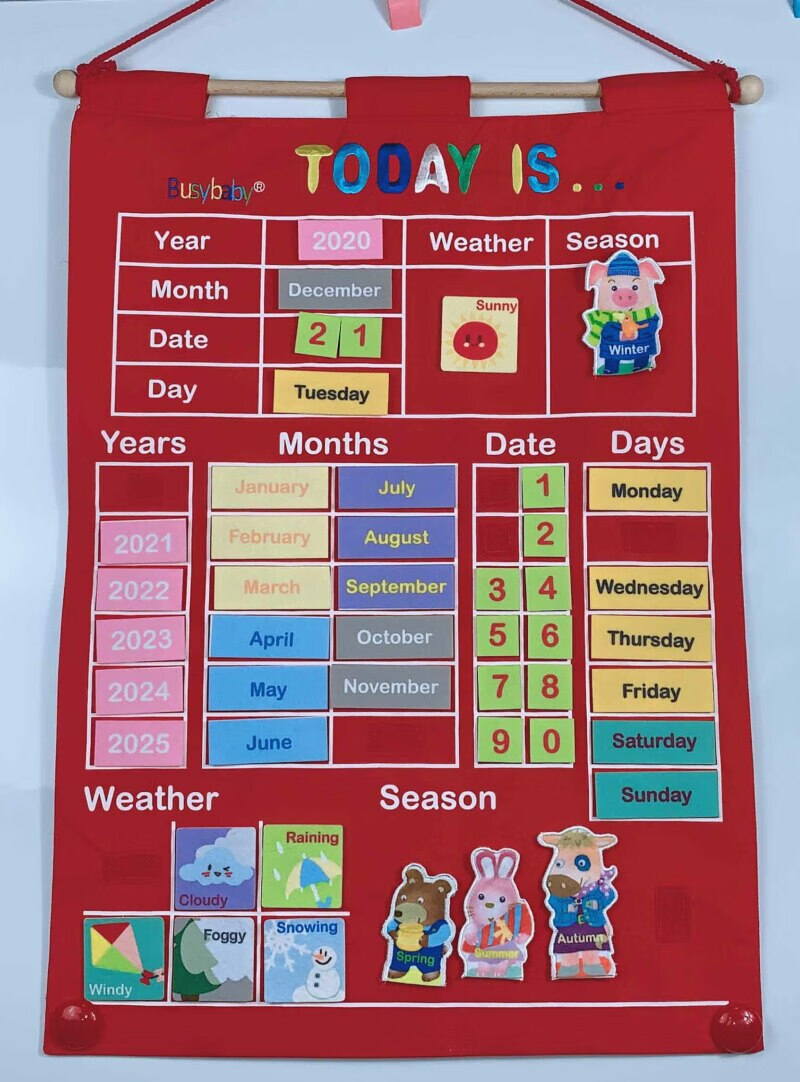 小学早教幼儿园英语魔术贴天气启蒙单词字母认知日历挂墙挂图 红色