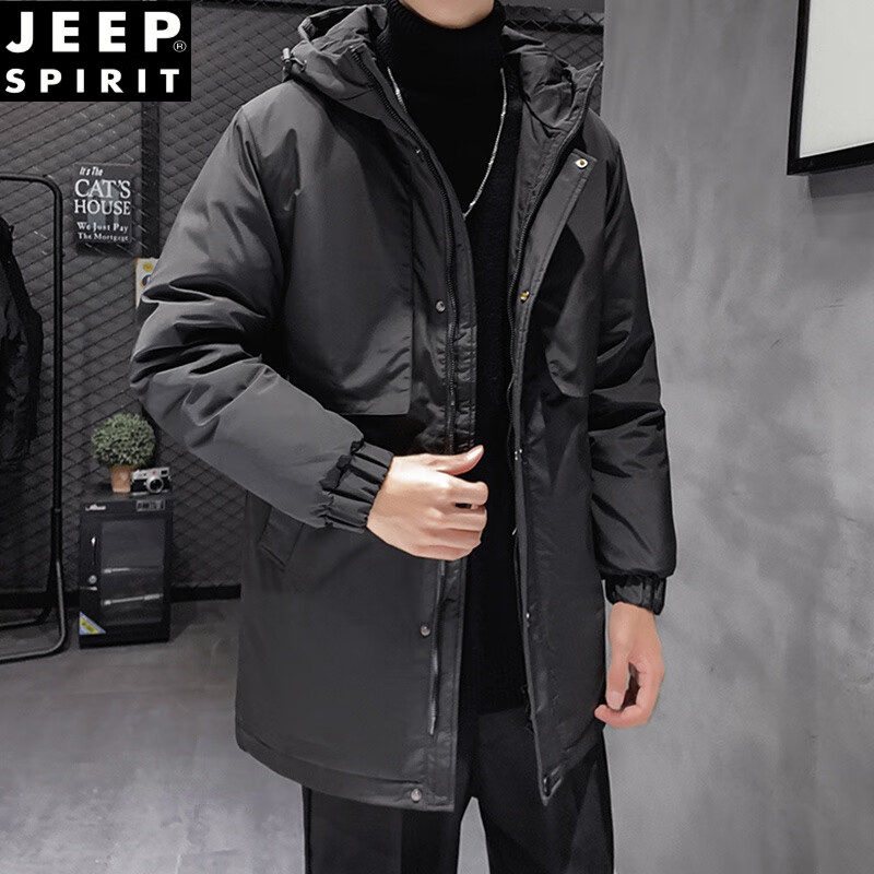 JEEP SPIRIT羽絨服男士2025年冬季新款中長款連帽防寒衣加厚保暖休閑外套男裝 黑色 羽絨服1617 S 建議90-110斤