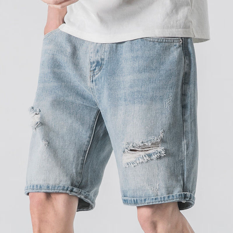 兹仕猫新款破洞牛仔短裤美式复古破洞牛仔短裤男夏季潮牌高街五分裤