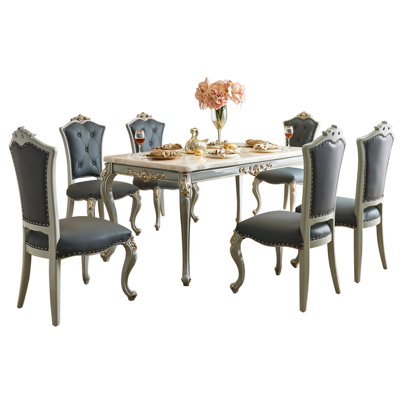 梦美斯宣 餐桌 美式大理石餐桌 轻奢风实木餐厅饭桌椅组合简欧雕花时尚灰色餐桌 H003 一桌六椅