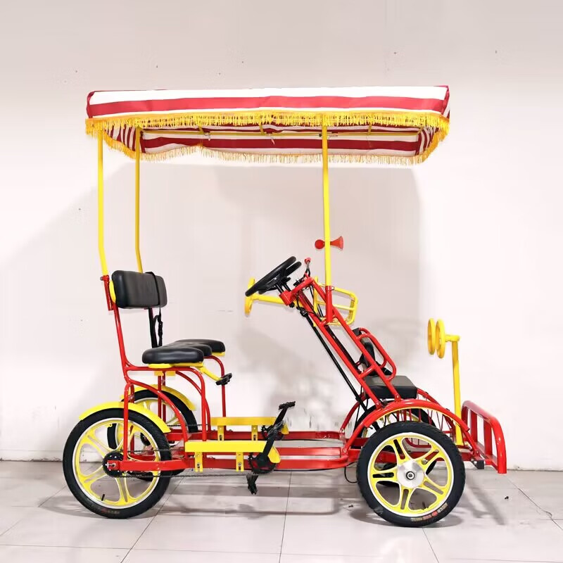賢祥新款四輪多人騎腳踏自行車景點(diǎn)景區(qū)觀光自行車雙人四人帶篷單排雙 高配手剎單排雙寶寶紅色
