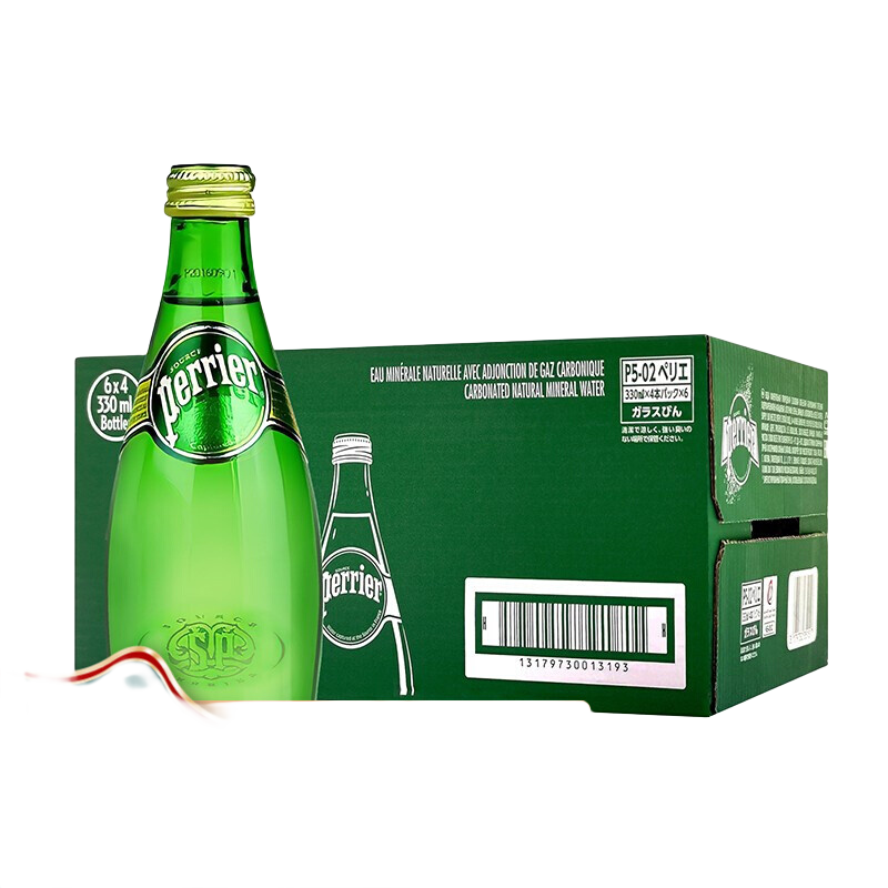 巴黎水（Perrier）法國原裝進(jìn)口 巴黎水氣泡天然礦泉水小瓶 充氣玻璃瓶飲用礦泉水 原味 330ml*24玻璃瓶