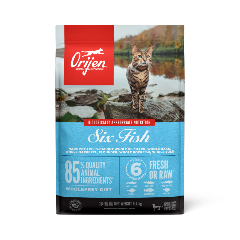 加拿大原装进口原始猎食渴望（Orijen）六种鱼猫粮5.4kg 深海鱼无谷猫粮