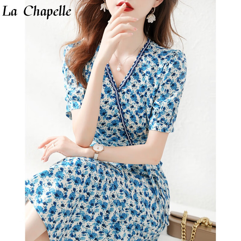 拉夏贝尔(la chapelle)连衣裙女 2023清新碎花通勤时尚显瘦v领法式