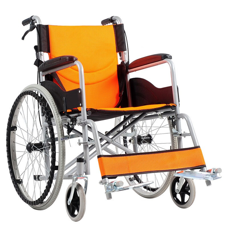 手动 折叠轻便携小轮椅老年残疾人小型便捷旅行手推车 橘色 折背软座